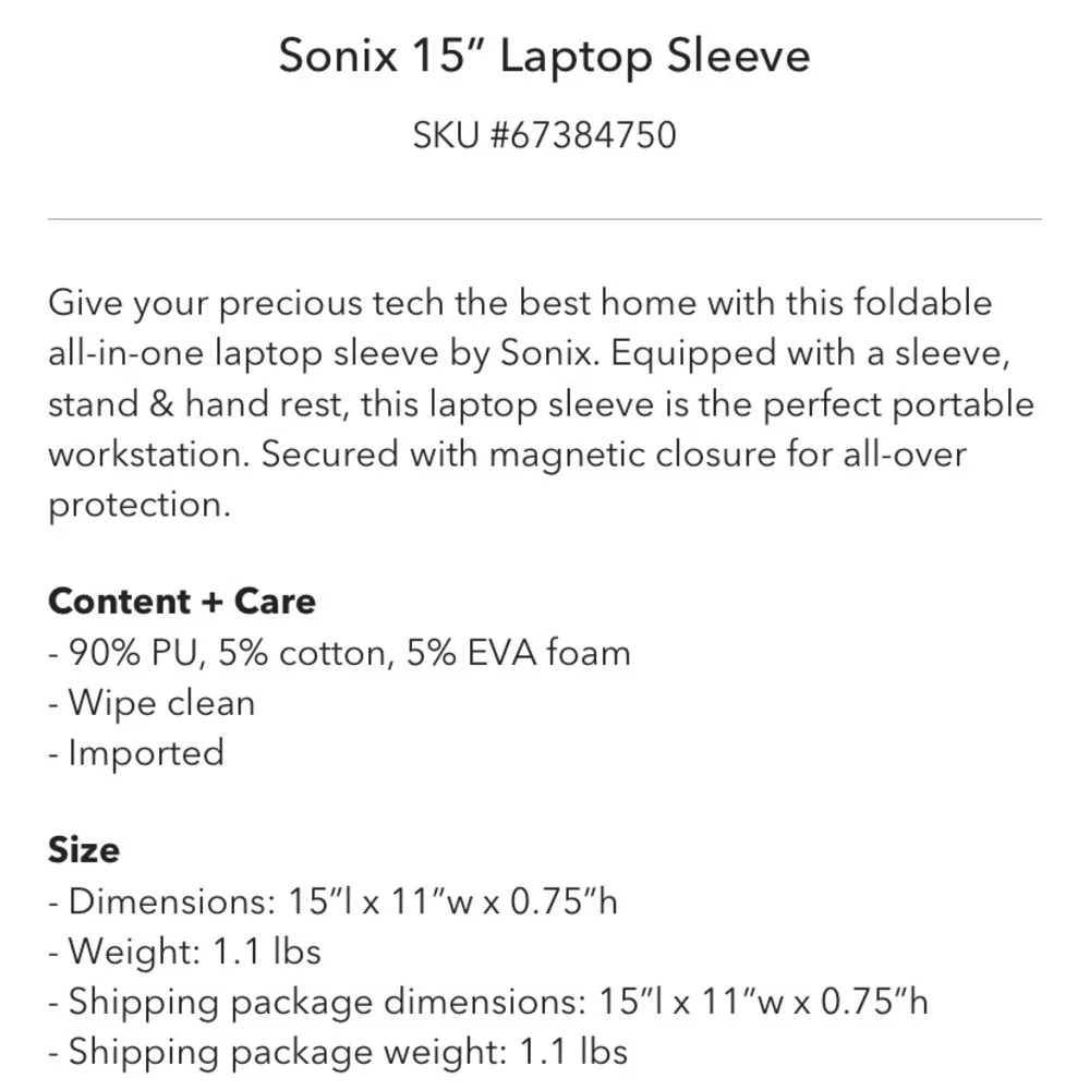 NWT Sonix 15” Laptop Sleeve